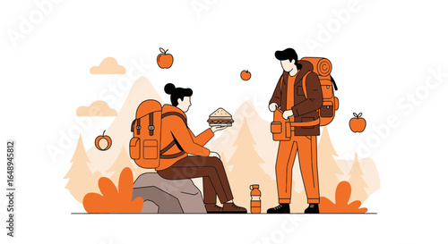 Couple Taking Break While Hiking Enjoying Sandwich And Apple During Autumn Season