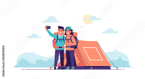 Couple Taking A Selfie While Camping In The Mountains On Vacation Trip