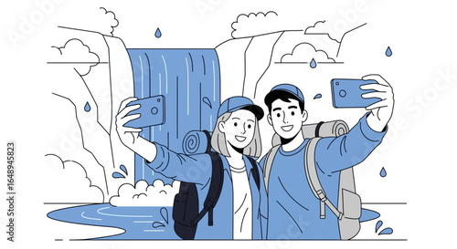 Couple Taking A Selfie In Front Of A Waterfall Adventure Tourism Vector Art