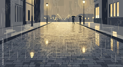 Cobblestone Street Illuminated by Streetlights in Rainy City Evening Scene