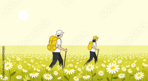 Couple Trekking Across A Blooming Meadow Of Daisies On A Sunny Day