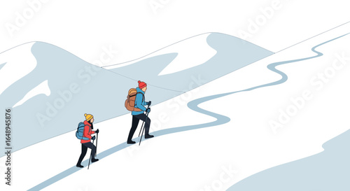 Couple Trekking Through A Snowy Mountain Path During Winter Landscape Scenery