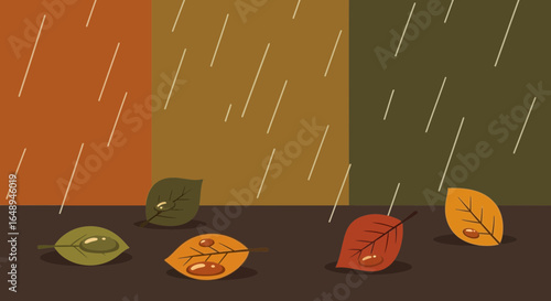 Colorful Autumnal Rain Scene with Fallen Leaves and Water Droplets