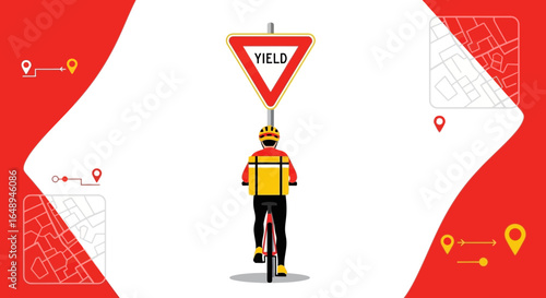Courier Riding Bicycle Passing Yield Sign On Road For Delivery Service