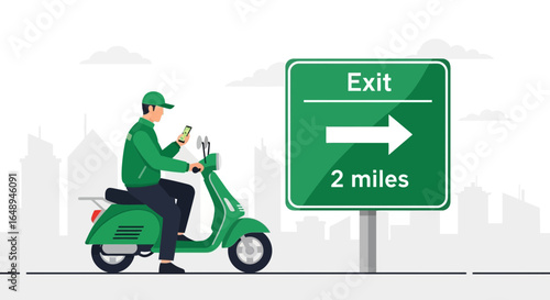 Courier On Scooter Using Phone Near Exit Sign In City Backdrop Illustration