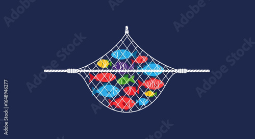 Colorful Fish Caught in A Fishing Net Depicting Marine Biodiversity Vector Illustration