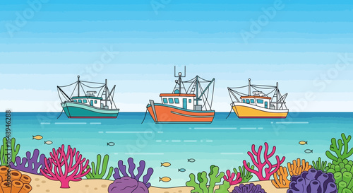 Colorful Fishing Boats Floating Over a Vibrant Coral Reef Ecosystem