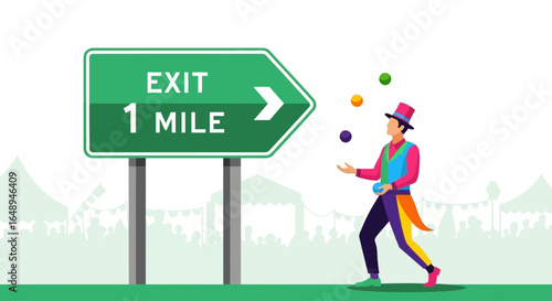 Colorful Juggler Entertaining Crowd Next To Exit Sign For One Mile Away
