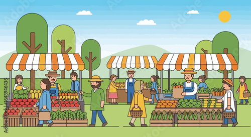 Colorful Illustration Of People Shopping At An Outdoor Farmers Market