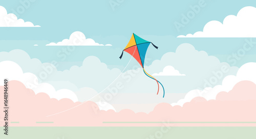 Colorful Kite Soaring Through Cloudy Pastel Sky For Childhood Joy Designs
