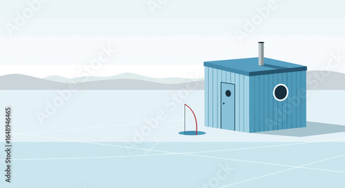 Cozy Blue Ice Fishing Hut With A Rod and Winter Landscape Backdrop