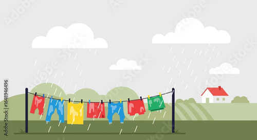 Colorful Laundry Hanging On Clothesline In Summer Rain Countryside View