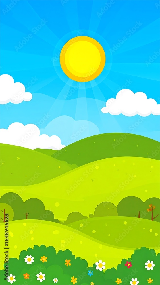 Obraz premium Cartoon landscape of rolling hills, bright sun, and flowers