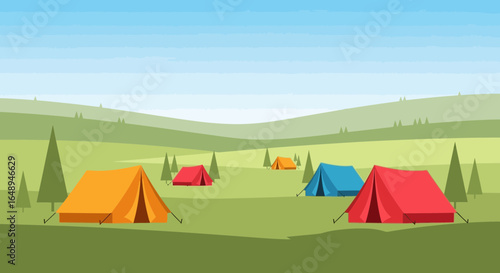 Colorful Tents Scattered Across Lush Green Hills Under a Serene Sky