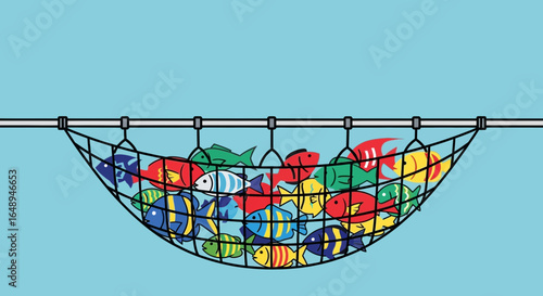 Colorful Tropical Fish Caught in Fishing Net Hanging on a Line Illustration