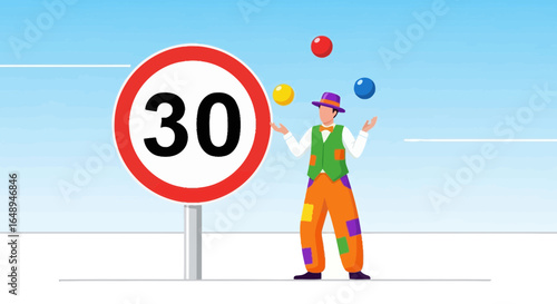 Comical Compliance Funny Juggler Alongside Speed Limit Sign 30 Illustration