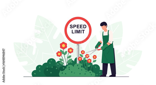 Comical Gardening Pruning Around Speed Limit Sign With Precision And Care