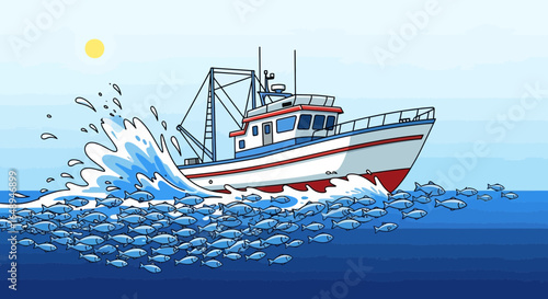 Commercial Fishing Boat Navigating Through a School of Fish at High Speed