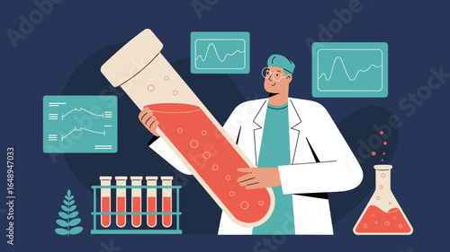 lab technician holding blood sample test tube vector illustration, blood test analysis, medical diagnostics and hematology research