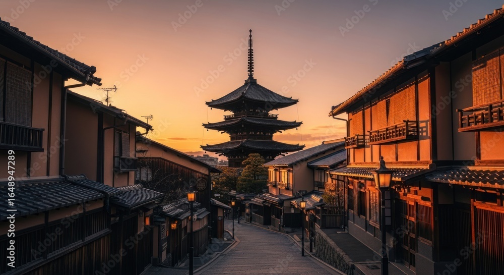 Obraz premium Sunrise over a traditional Japanese street. A view of a sloped street, lined with traditional wooden buildings, leading to a towering pagoda at sunrise. Warm golden light bathes the scene