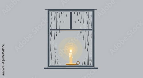 Cozy Evening: Candlelight Through Rainy Window Scene On A Calm Day