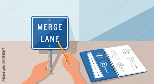 Conceptual Design Of Traffic Engineering Depicting Merge Lane Sign Illustration