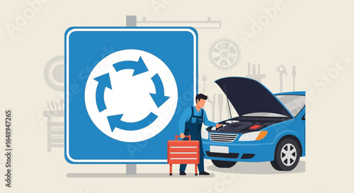 Conceptual Automotive Service Illustrating Circular Economy and Routine Maintenance