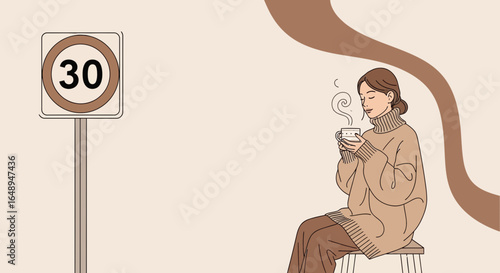 Cozy Moment Young Woman Relaxing With Hot Drink Minimalist Line Art Style