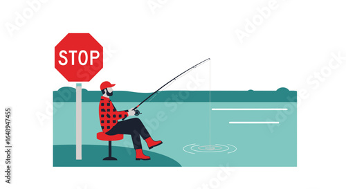 Conceptual Illustration Of A Man Fishing Ignoring A Stop Sign Near The Lake
