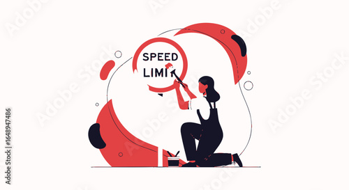 Conceptual Illustration Of A Woman Amending A Speed Limit Sign With A Brush