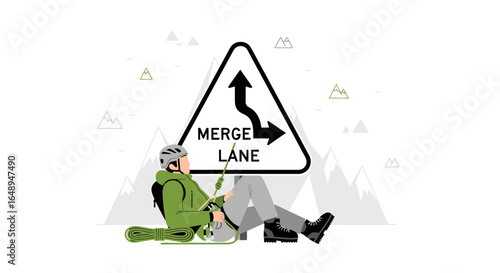Conceptual Illustration Of A Mountain Climber Taking A Break At Merge Lane Sign
