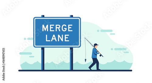 Conceptual Illustration Of Work Life Balance Featuring Fisherman By Merge Lane Sign