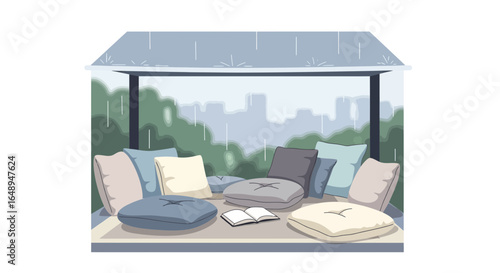 Cozy Rainy Day Nook With Pillows And A View Of The Cityscape Vector Art