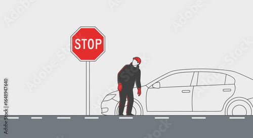 Conceptual Man Near Stop Sign And Stylized Car Illustration Vector