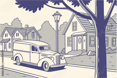 1950s milk delivery truck on small-town street, vintage charm