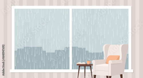 Cozy Rainy Day Scene At Home With Wingback Chair And Cityscape View