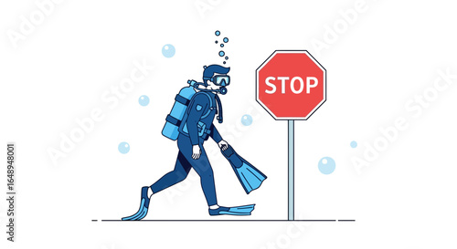 Confused Diver Encounters Stop Sign Underwater in Unexplored Territory
