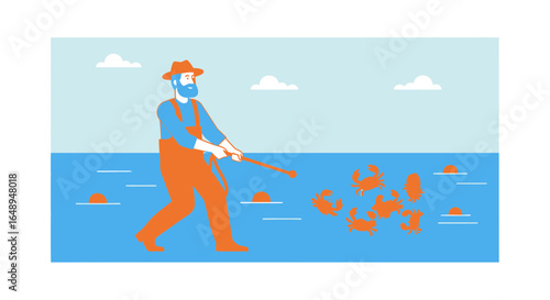 Crabber Catching Crustaceans Flat Design Simple Scene Minimalistic Marine Life