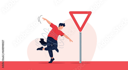 Confused Man Dizziness Illustration Near The Yield Sign On White Background