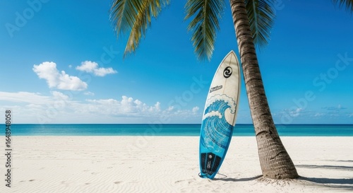 Surfboard on a tropical beach under a palm tree. Bright blue sky, white sand, turquoise water