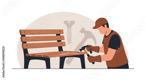 Craftsman Restoring An Old Wooden Bench With Carpentry Tools In Workshop