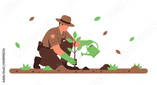 Conservation Officer Planting Tree Seedling For Environmental Preservation Project