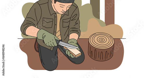 Craftsman Sharpening Wooden With Knife In Forest Environment For Carpentry Project