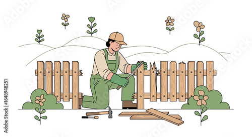 Craftsperson Repairs A Wooden Fence Amidst Flourishing Nature For Home Improvement