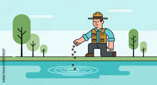 Conservation Ranger Scattering Seeds At Lakeside In Flat Design Illustration