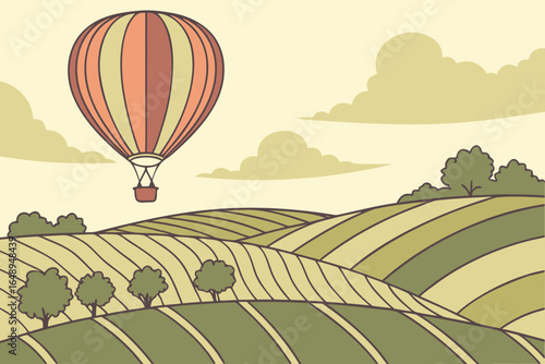 A colorful hot air balloon drifting over rolling vineyards, modern flat illustration style