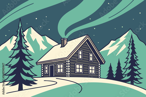 A cozy mountain cabin with snow-covered roof and aurora borealis in the background, modern flat illustration style