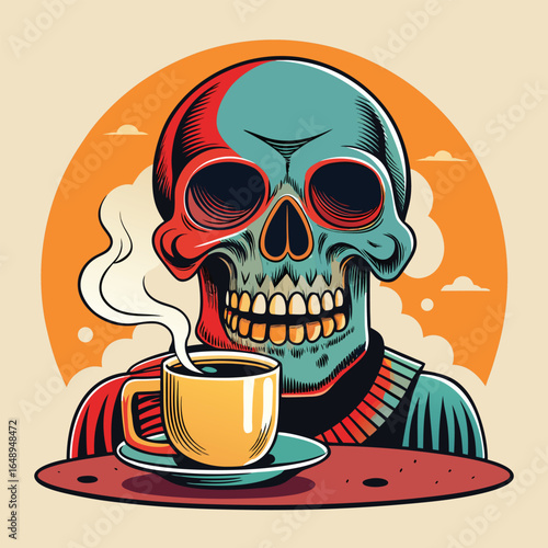 Cartoon skull wearing a sweater drinking coffee with steam rising from the cup skeleton death