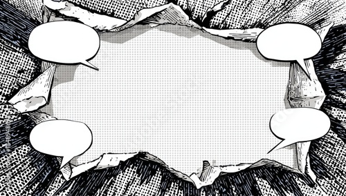 Ripped paper frame with speech bubbles, monochrome comic style
