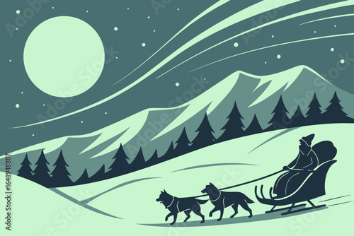A dog musher drives a sled team across a snowy Alaskan tundra under the northern lights.